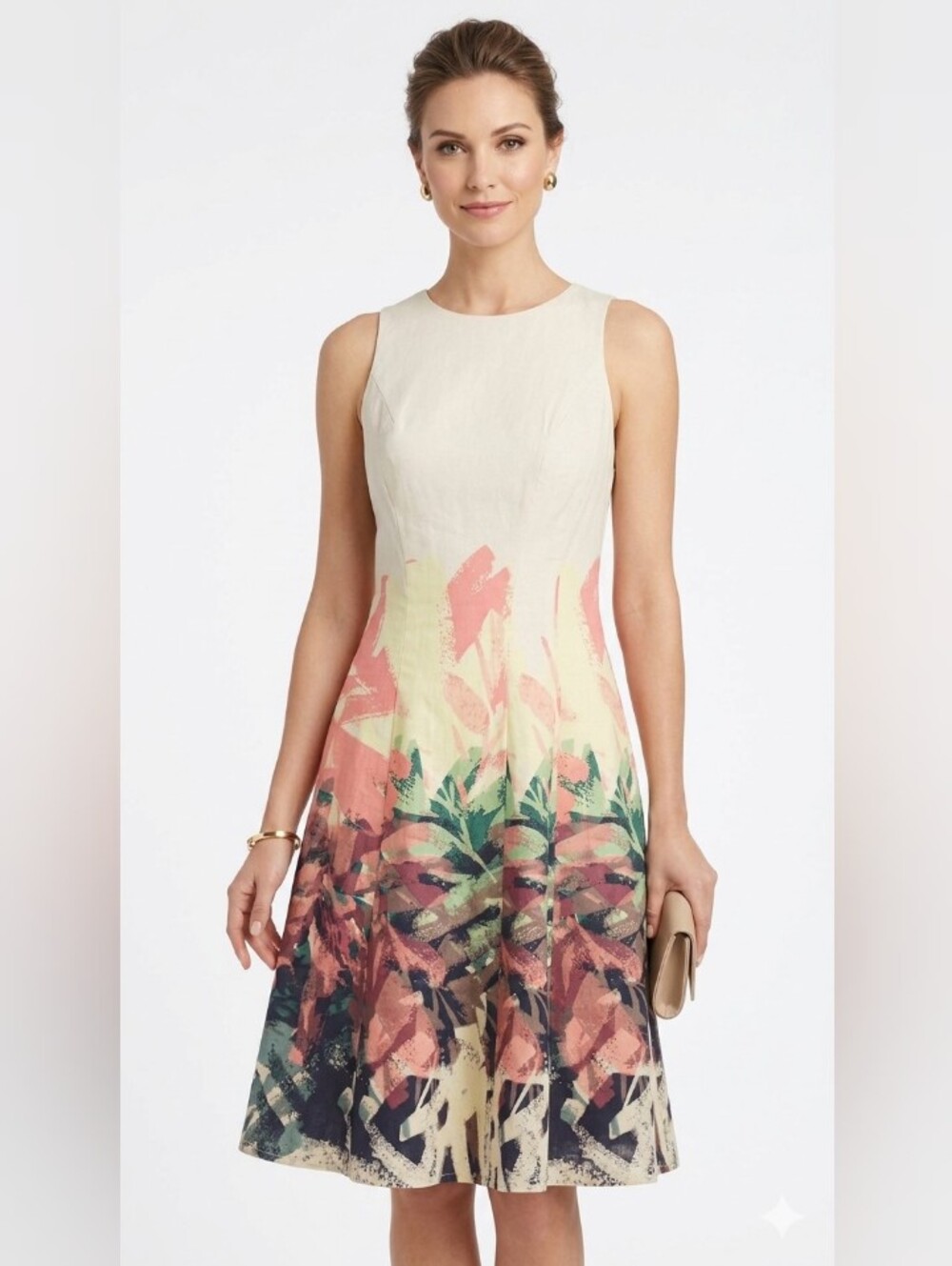 Sleeveless Floral Print A-Line Dress - Cream & Coral Medium